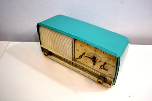 Monterey Turquoise and White 1956 RCA Victor 8-C-7 Vintage Tube AM Clock Radio Real Looker! - [product_type} - RCA Victor - Retro Radio Farm