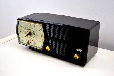 SOLD! - Aug 21, 2019 - Midnight Black RCA Victor 8-C-5E Clock Radio 1959 Tube AM Clock Radio