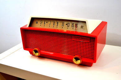 SOLD! - Oct 11, 2019 - Ranger Red and White Vintage 1956 Olympic Model 552 Tube AM Radio Totally Sick!