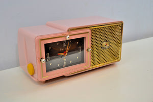 SOLD! - May 28, 2019 - Fifth Avenue Pink 1957 Bulova Model 120 Tube AM Clock Radio Sounds Mah-valous! - [product_type} - Bulova - Retro Radio Farm