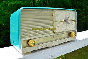 SOLD! - July 20, 2018 - AQUA and White Retro Jetsons 1956 RCA Victor 9-C-7LE Tube AM Clock Radio Totally Restored! - [product_type} - RCA Victor - Retro Radio Farm