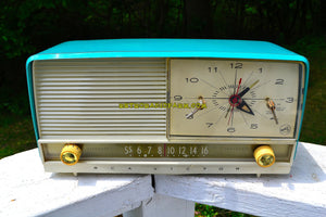 SOLD! - July 20, 2018 - AQUA and White Retro Jetsons 1956 RCA Victor 9-C-7LE Tube AM Clock Radio Totally Restored! - [product_type} - RCA Victor - Retro Radio Farm