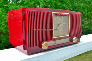 SOLD! - Aug 23, 2018 - CRIMSON RED Mid Century 1954 General Electric Model 548PH Tube AM Clock Radio Looks Sweet! - [product_type} - General Electric - Retro Radio Farm