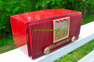 SOLD! - Aug 23, 2018 - CRIMSON RED Mid Century 1954 General Electric Model 548PH Tube AM Clock Radio Looks Sweet! - [product_type} - General Electric - Retro Radio Farm