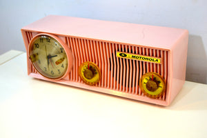 SOLD! - Jan 26, 2020 - Pink Velvet 1957 Motorola 57CS Port Hole Tube AM Clock Radio Totally Restored! - [product_type} - Motorola - Retro Radio Farm