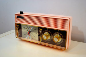 SOLD! - Dec 18, 2019 - Rosata Pink and Brown Mid Century Retro Vintage 1964 Arvin Model 52R43 AM Tube Clock Radio Rare!