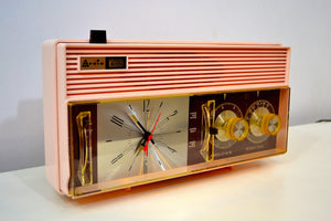 SOLD! - Dec 18, 2019 - Rosata Pink and Brown Mid Century Retro Vintage 1964 Arvin Model 52R43 AM Tube Clock Radio Rare! - [product_type} - Arvin - Retro Radio Farm