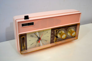 SOLD! - Dec 18, 2019 - Rosata Pink and Brown Mid Century Retro Vintage 1964 Arvin Model 52R43 AM Tube Clock Radio Rare! - [product_type} - Arvin - Retro Radio Farm