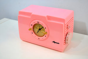SOLD! - Dec 19, 2019 - Pelican Pink Mid Century Deco 1952 Majestic Unknown Model Clock Radio Cream Puff!