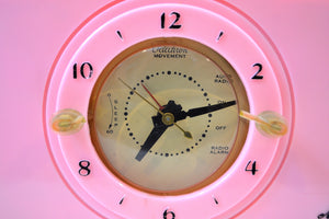 SOLD! - Dec 19, 2019 - Pelican Pink Mid Century Deco 1952 Majestic Unknown Model Clock Radio Cream Puff! - [product_type} - Majestic - Retro Radio Farm