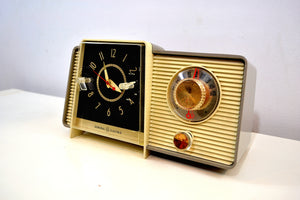 SOLD! - Sept 25, 2019 - Pewter and Ivory 1959 General Electric Model C-405 Tube AM Clock Radio Excellent Original Condition! - [product_type} - General Electric - Retro Radio Farm