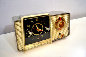 SOLD! - Sept 25, 2019 - Pewter and Ivory 1959 General Electric Model C-405 Tube AM Clock Radio Excellent Original Condition! - [product_type} - General Electric - Retro Radio Farm