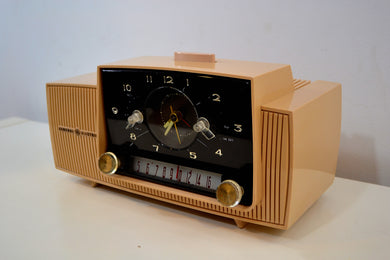 SOLD! - July 8, 2019 - Buff Pink Mid Century 1959 General Electric Model C-4340 Tube AM Clock Radio Totally Restored!