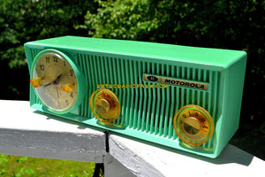 SOLD! - July 9, 2018 - SEA GREEN BEAUTY Mid Century 1957 Motorola 57CS Tube AM Clock Radio Sounds Great! - [product_type} - Motorola - Retro Radio Farm