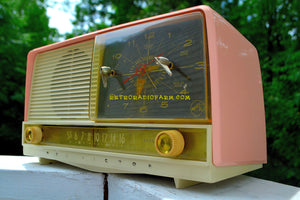 SOLD! - Sept 18, 2018 - Beautiful Powder Pink And White Retro Jetsons 1956 RCA Victor 9-C-71 Tube AM Clock Radio Works Great! - [product_type} - RCA Victor - Retro Radio Farm