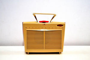 SOLD! - Feb 29, 2020 - SO CUTE! Red and Beige Vintage 1954 Westinghouse Model H-598P4 AM Tube Retro Radio No Cracks Works Great! - [product_type} - Westinghouse - Retro Radio Farm