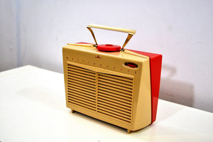 SOLD! - Feb 29, 2020 - SO CUTE! Red and Beige Vintage 1954 Westinghouse Model H-598P4 AM Tube Retro Radio No Cracks Works Great! - [product_type} - Westinghouse - Retro Radio Farm