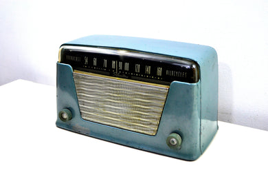 SOLD! - Aug 29, 2019 - Blue Ice Metallic Vintage Bakelite 1948 Silvertone 8005 AM Tube Radio Early Metallic Finish Rare and Expensive Color Back Then!