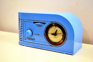 SOLD! - Dec 5, 2019 - Periwinkle Blue Golden Age Art Deco 1948 Plymouth Model 1600 AM Tube Clock Radio Totally Restored! - [product_type} - Plymouth - Retro Radio Farm