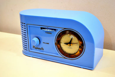 売れました！ - 2019 年 12 月 5 日 - ツルニチニチソウ ブルー黄金時代アールデコ 1948 年プリムス モデル 1600 AM 真空管クロック ラジオが完全に復元されました。