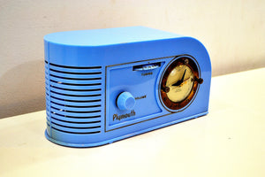 SOLD! - Dec 5, 2019 - Periwinkle Blue Golden Age Art Deco 1948 Plymouth Model 1600 AM Tube Clock Radio Totally Restored! - [product_type} - Plymouth - Retro Radio Farm