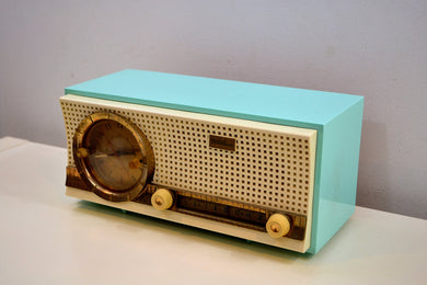 チャルフォンテ ブルー レトロ ジェットソンズ 1960 Truetone D2801 真空管 AM クロック ラジオ 完全に復元されました。