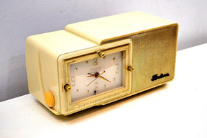 SOLD! - Aug 10, 2019 - Palace Ivory and Gold 1959 Bulova Model 100 Tube AM Clock Radio Excellent Condition! - [product_type} - Bulova - Retro Radio Farm