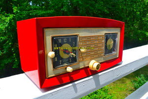 SOLD! - Nov. 28, 2018 - Cardinal Red 1950 Raytheon Model CR-43 Tube AM Clock Radio Excellent Plus Condition and RARE! - [product_type} - Raytheon - Retro Radio Farm