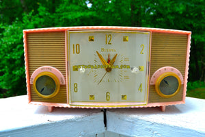 SOLD! - Nov 9, 2018 - Fifth Ave Pink Vintage Mid Century 1957 Bulova Model 170 Tube AM Clock Radio Simply Fabulous! - [product_type} - Bulova - Retro Radio Farm