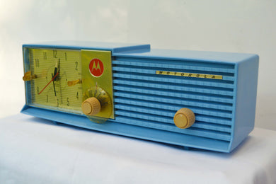 SOLD! - July 24, 2018 - CORNFLOWER BLUE 1957 Motorola 57CD Tube AM Clock Radio Excellent Condition!