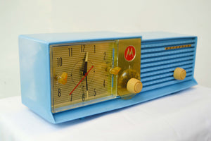 SOLD! - July 24, 2018 - CORNFLOWER BLUE 1957 Motorola 57CD Tube AM Clock Radio Excellent Condition! - [product_type} - Motorola - Retro Radio Farm