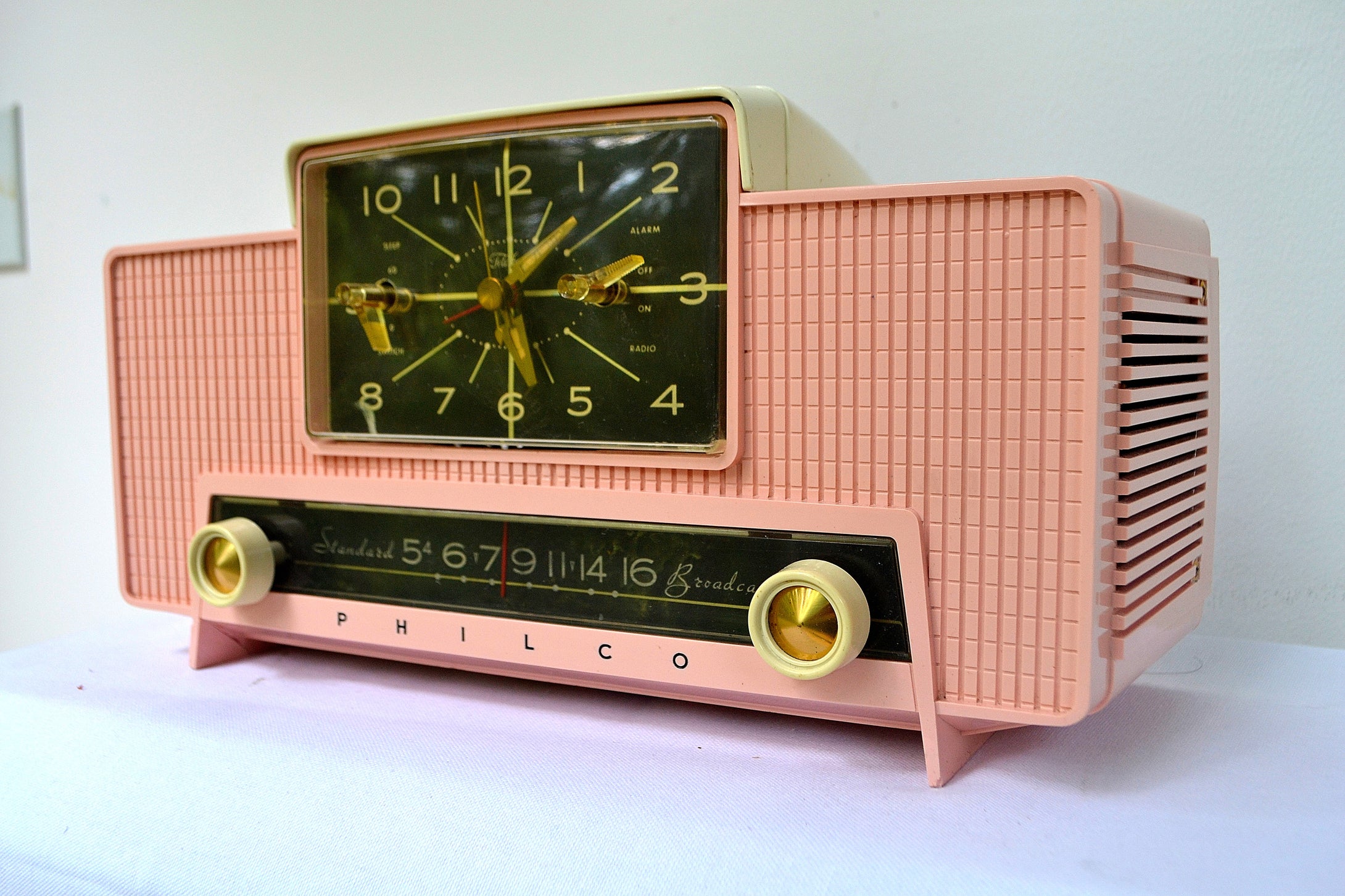 SOLD! - Sept 20, 2018 - IMPERIAL PINK 1959 Philco Model G761-124 Tube AM Clock Radio Pristine Rare Bells On Top Of Whistles! - [product_type} - Philco - Retro Radio Farm