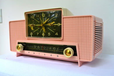 SOLD! - Sept 20, 2018 - IMPERIAL PINK 1959 Philco Model G761-124 Tube AM Clock Radio Pristine Rare Bells On Top Of Whistles!