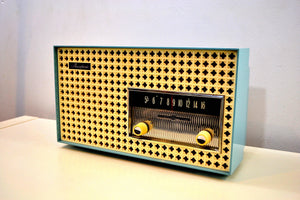 Continental Baby Blue 1960 General Electric Model T165A Musaphonic Tube Radio Clover Grid Grill! - [product_type} - General Electric - Retro Radio Farm