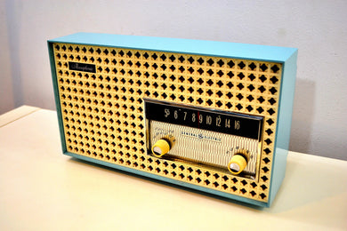 SOLD! - Sept 12, 2019 - Continental Baby Blue 1960 General Electric Model 15R13 Musaphonic Tube Radio Clover Grid Grill!