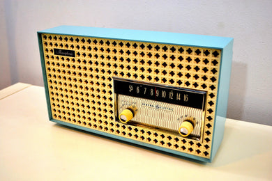 Continental Baby Blue 1960 General Electric Model T165A Musaphonic Tube Radio Clover Grid Grill!