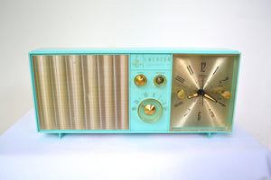 SOLD! - Aug. 31, 2018 - BLUETOOTH MP3 UPGRADE ADDED - Turquoise Mid Century Vintage Retro 1962 Emerson Lifetimer II Model G1705 Tube AM Clock Radio - [product_type} - Emerson - Retro Radio Farm