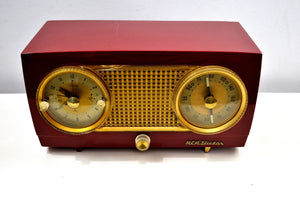 SOLD! - Oct 30, 2019 - Cranberry Red 1954 RCA Victor Vintage Model 4-C-544 Tube AM Clock Radio Sounds Great! - [product_type} - RCA Victor - Retro Radio Farm