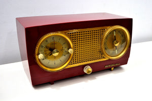 SOLD! - Oct 30, 2019 - Cranberry Red 1954 RCA Victor Vintage Model 4-C-544 Tube AM Clock Radio Sounds Great!