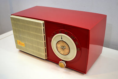 SOLD! - Jan. 8, 2020 - Rally Red and White 1955 General Electric Model 471 AM Tube Radio Real Charmer!