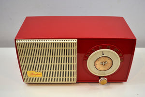 SOLD! - Jan. 8, 2020 - Rally Red and White 1955 General Electric Model 471 AM Tube Radio Real Charmer! - [product_type} - General Electric - Retro Radio Farm