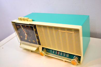 SOLD! - Sept 17, 2019 - Aqua and White Mid Century Vintage 1960 General Electric C-451B AM Tube Clock Radio Wow!