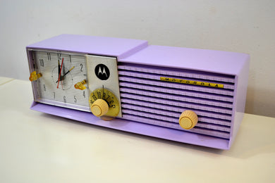 SOLD! - Sept 13, 2019 - Lavender Lady Bi-level Retro Jetsons 1957 Motorola 57CD Tube AM Clock Radio Stunning!