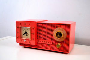 Watermelon Pink Mid Century Retro Jetsons 1957 Olympic Model 408 AM Clock Radio Totally Restored! - [product_type} - Olympic - Retro Radio Farm