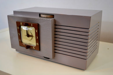 SOLD! - Nov. 14, 2019 - Lavender Taupe Art Deco Vintage 1948 Telechron Model 8H67 Musalarm AM Clock Radio Works Great!