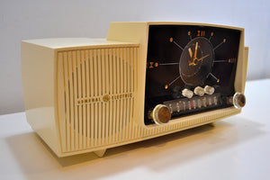 SOLD! - Aug 23, 2019 - Classic Pure White 1957 General Electric Model 912 Tube AM Clock Radio Solid Player Nice Looker! - [product_type} - General Electric - Retro Radio Farm