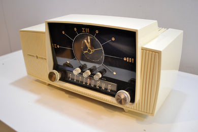 SOLD! - Aug 23, 2019 - Classic Pure White 1957 General Electric Model 912 Tube AM Clock Radio Solid Player Nice Looker!