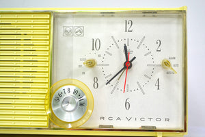 SOLD! - Sept. 9, 2018 - BLUETOOTH MP3 UPGRADE ADDED - Lemon Yellow Mid Century Antique Retro Vintage 1959 RCA Victor Model RFD19Z AM Tube Clock Radio Near Mint! - [product_type} - RCA Victor - Retro Radio Farm