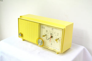 SOLD! - Sept. 9, 2018 - BLUETOOTH MP3 UPGRADE ADDED - Lemon Yellow Mid Century Antique Retro Vintage 1959 RCA Victor Model RFD19Z AM Tube Clock Radio Near Mint!