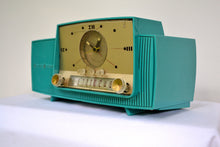 Load image into Gallery viewer, SOLD! - Sept 17, 2018 - Teal Goody Mid Century Jetsons 1957 General Electric Model 914 Tube AM Clock Radio Eye Popper! - [product_type} - General Electric - Retro Radio Farm